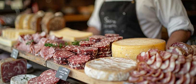 European Delicatessen Serves Tradition in Business of Imported Gourmet Specialties, Cheese wheels and cured meats serve tradition and imported gourmet specialties in the European delicatessen business.