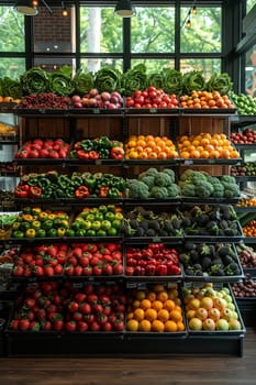 Organic Grocery Aisles Stock Wellness in Business of Healthy Eating, Fruits and vegetables lay out the plot of nutrition and sustainability in the business of food.