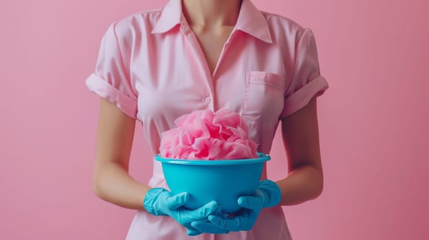 A woman in a yellow apron with a pink shirt. She is wearing gloves and has her arms crossed