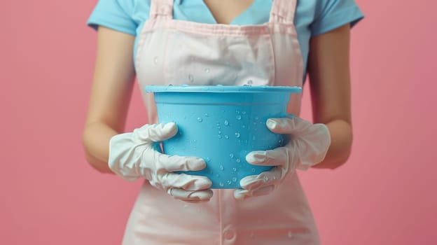 A woman in a yellow apron with a pink shirt. She is wearing gloves and has her arms crossed