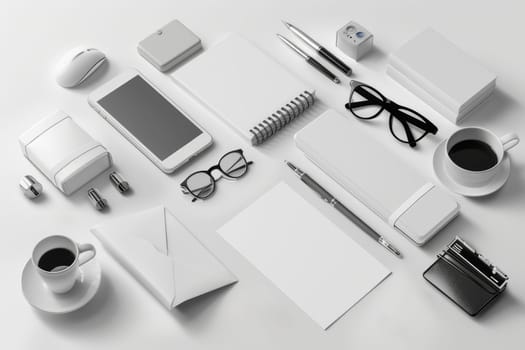 A collection of office supplies including a notebook, a pen, a cup, and a clock. Concept of productivity and organization