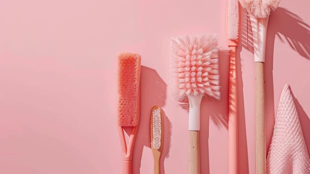 A row of pink cleaning tools including a toothbrush, a scrub brush, and a sponge. Concept of cleanliness and organization