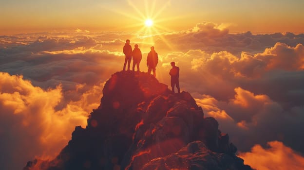 A group of people are standing on a mountain top, looking out at the beautiful sunset. The sky is filled with clouds and the sun is shining brightly, creating a warm and peaceful atmosphere