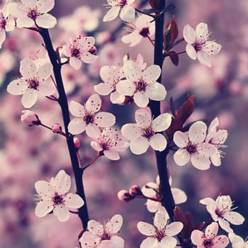 Blossom tree. Nature background. Sunny day. Spring flowers. Beautiful Orchard. Abstract blurred background. Springtime.