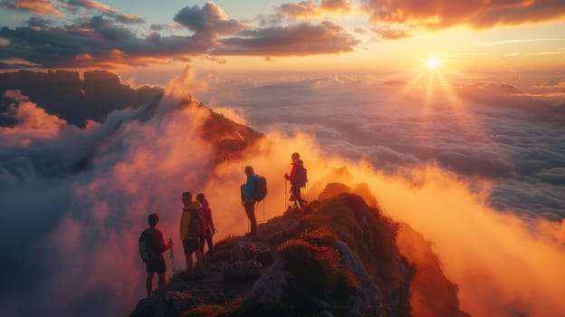 A group of people are standing on a mountain top, looking out at the beautiful sunset. The sky is filled with clouds and the sun is shining brightly, creating a warm and peaceful atmosphere