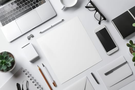 A collection of office supplies including a notebook, a pen, a cup, and a clock. Concept of productivity and organization