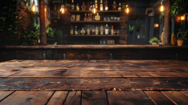 A bar with a wooden counter and a few bottles on it. Scene is relaxed and casual