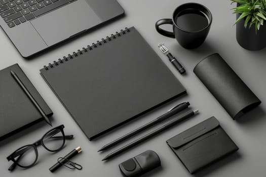 A collection of office supplies including a notebook, a pen, a cup, and a clock. Concept of productivity and organization