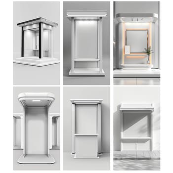 A series of white and grey images of different types of bus shelters. The mood of the images is modern and sleek, with clean lines and minimalistic design