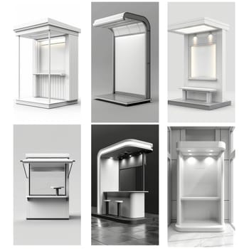 A series of white and grey images of different types of bus shelters. The mood of the images is modern and sleek, with clean lines and minimalistic design