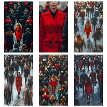 A woman in a red dress walks down a crowded street. The image is a collage of different shots of the woman in various poses and settings. Scene is one of elegance and sophistication