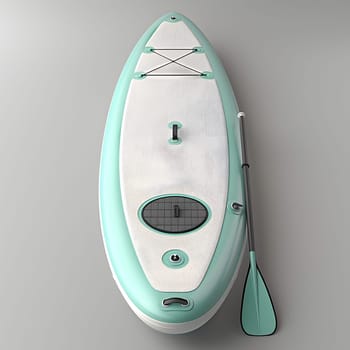 A fashionable white and electric blue surfboard with a green paddle attached. Made of composite materials, the ovalshaped board is perfect for hitting the waves in style