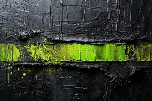 Abstract black horizontal background with concrete texture and green paint stripe in the middle.