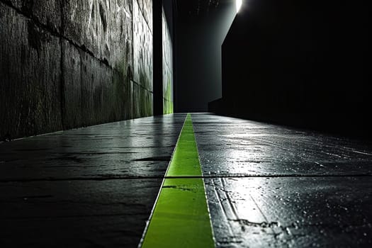 Empty dark concrete grunge corridor with a green stripe on the floor.