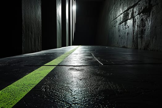 Empty dark concrete grunge corridor with a green stripe on the floor.