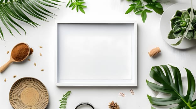 A rectangular white frame sits on a white table adorned with tropical leaves and dishware, creating a natural setting for displaying serveware and recipe ingredients