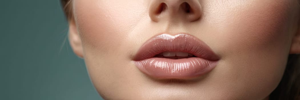 Close-up woman’s lower face, showcasing clear complexion against a blue background. Image captures detail of skin texture, lips, used for skin care promotion