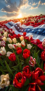 A stunning field of red and white tulips with an American flag as the backdrop, creating a patriotic and picturesque natural landscape
