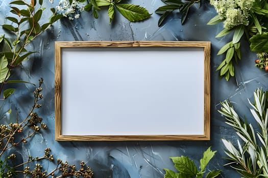 A rectangular wooden picture frame sits on a blue table, surrounded by vibrant leaves, flowers, and twigs. The natural vegetation creates a beautiful landscape with various tints and shades of green