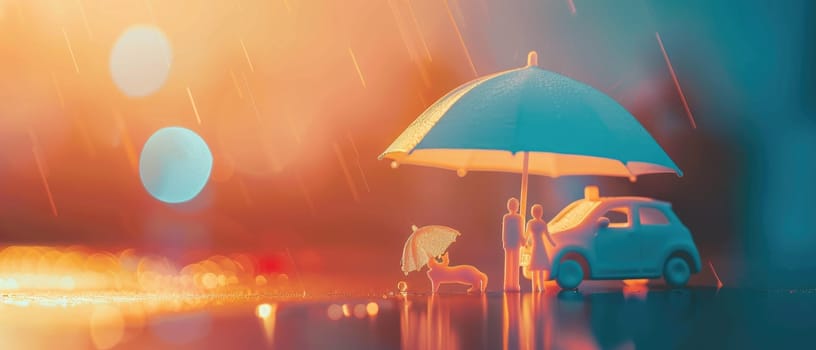 A small orange car is sitting in a puddle with a blue umbrella over it by AI generated image.