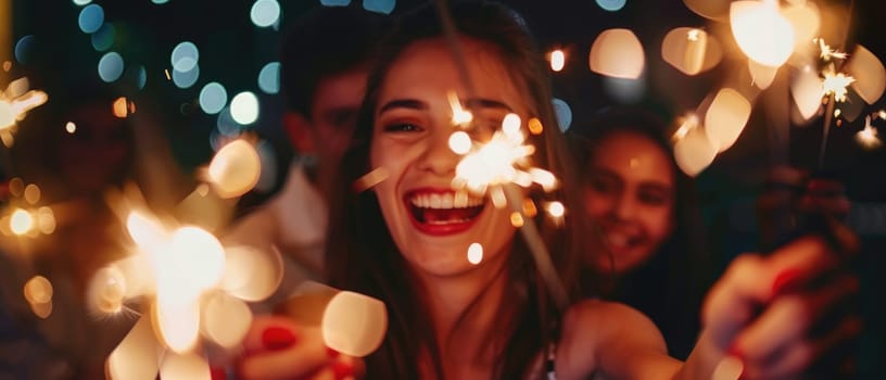 A group of people are holding lit sparklers and smiling by AI generated image.