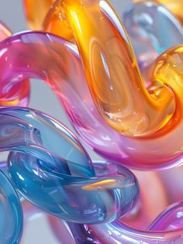 Closeup of vibrant glass sculptures showcasing a mix of liquidlike purple, magenta, and electric blue colors. The transparent material forms intricate patterns, creating a mesmerizing art display