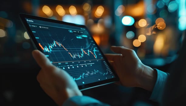 A person is holding a tablet with a stock market graph on it by AI generated image.