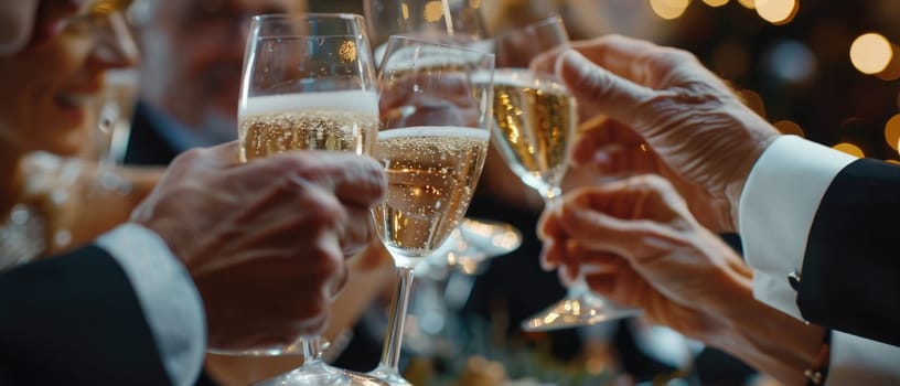 A group of people are toasting with champagne glasses by AI generated image.