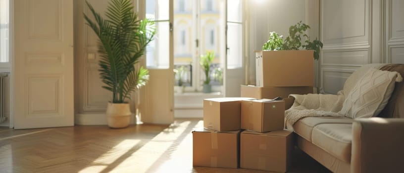 A living room with a couch and a potted plant by AI generated image.