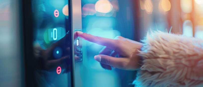 A woman is pointing at a button on a digital screen by AI generated image.