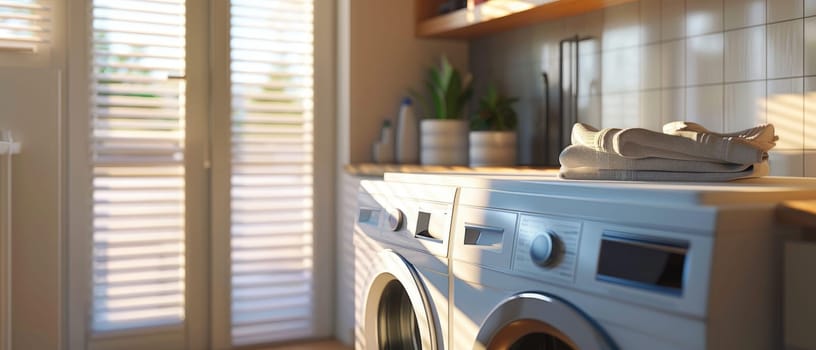 A small, cozy laundry room with a washer and dryer by AI generated image.