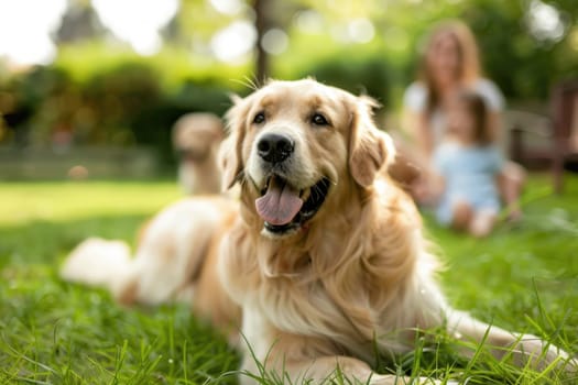 A woman and two children are playing with a golden retriever in a grassy yard by AI generated image.