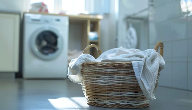 A basket full of white towels sits on a floor next to a washing machine by AI generated image.