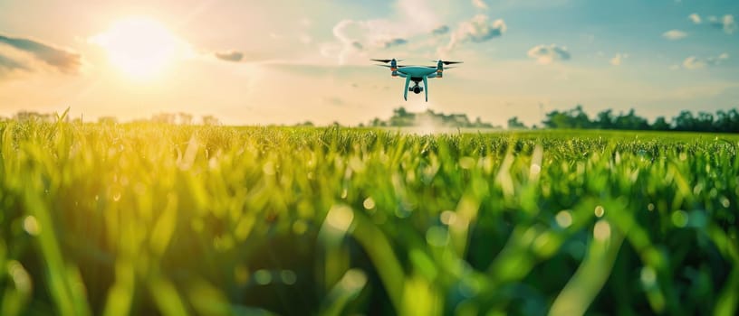 A drone spraying a field of crops by AI generated image.