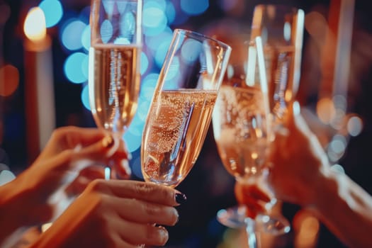 A group of people are toasting with champagne glasses by AI generated image.