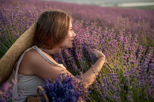 A woman is sitting in a field of lavender flowers. She is wearing a straw hat and holding a basket of flowers. The scene is peaceful and serene, with the woman enjoying the beauty of the flowers