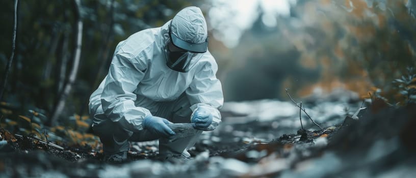 A man in a hazmat suit is standing in front of a yellow tape by AI generated image.