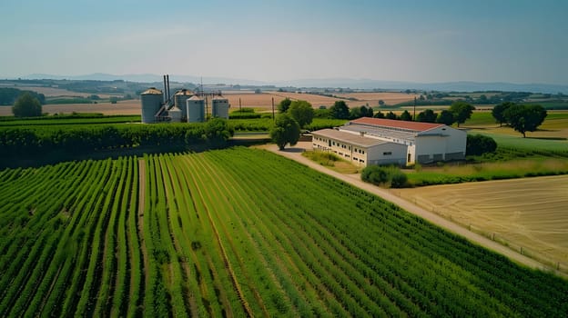 A picturesque natural landscape with a farm featuring a barn, silos, and green grassland surrounded by trees, under a clear blue sky