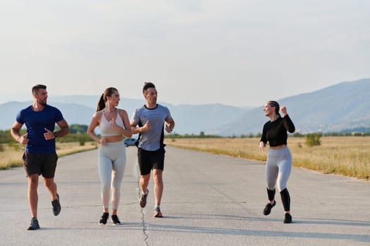 A group of friends maintains a healthy lifestyle by running outdoors on a sunny day, bonding over fitness and enjoying the energizing effects of exercise and nature.