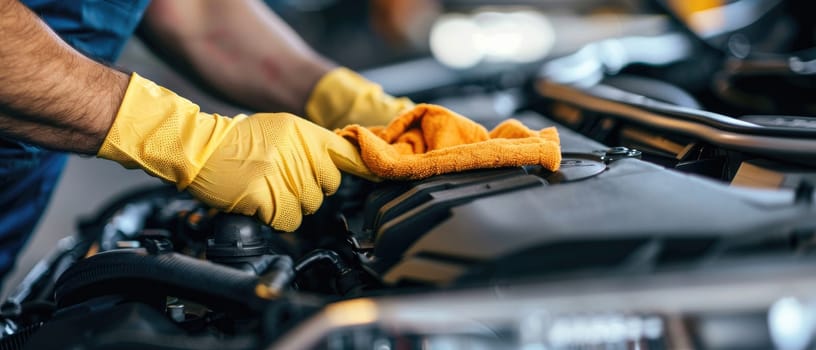 A man is cleaning a car engine with a yellow cloth by AI generated image.