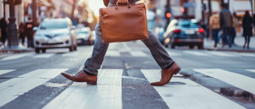 A man is crossing a street with a brown briefcase by AI generated image.