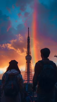 As the sun set, a man and a woman gazed at a rainbow stretching across the sky over a towering building in the city, creating a beautiful and magical moment