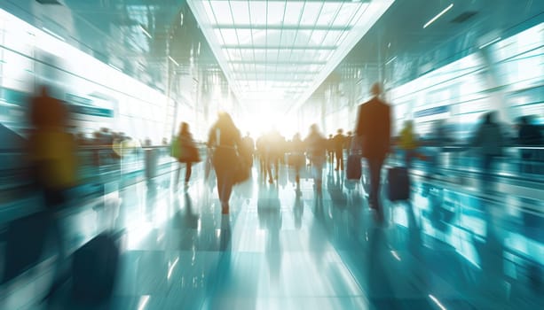 A busy airport with people walking around and carrying luggage by AI generated image.