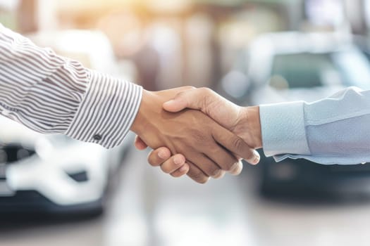 Two men shake hands in front of a car by AI generated image.