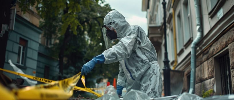 A man in a hazmat suit is standing in front of a yellow tape by AI generated image.