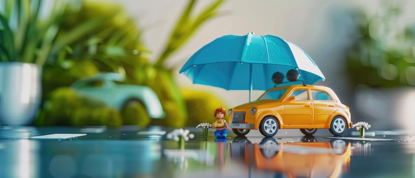 A small orange car is sitting in a puddle with a blue umbrella over it by AI generated image.