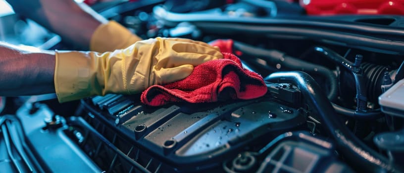 A man is cleaning a car engine with a yellow cloth by AI generated image.