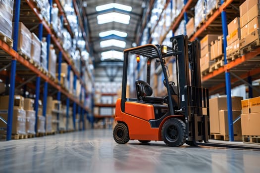 A forklift is driving through a warehouse by AI generated image.