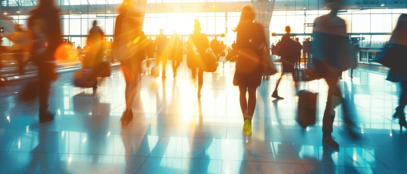 A busy airport with people walking around and carrying luggage by AI generated image.