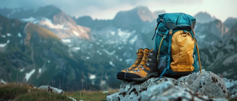 A pair of brown hiking boots are on a rock in front of a mountain by AI generated image.